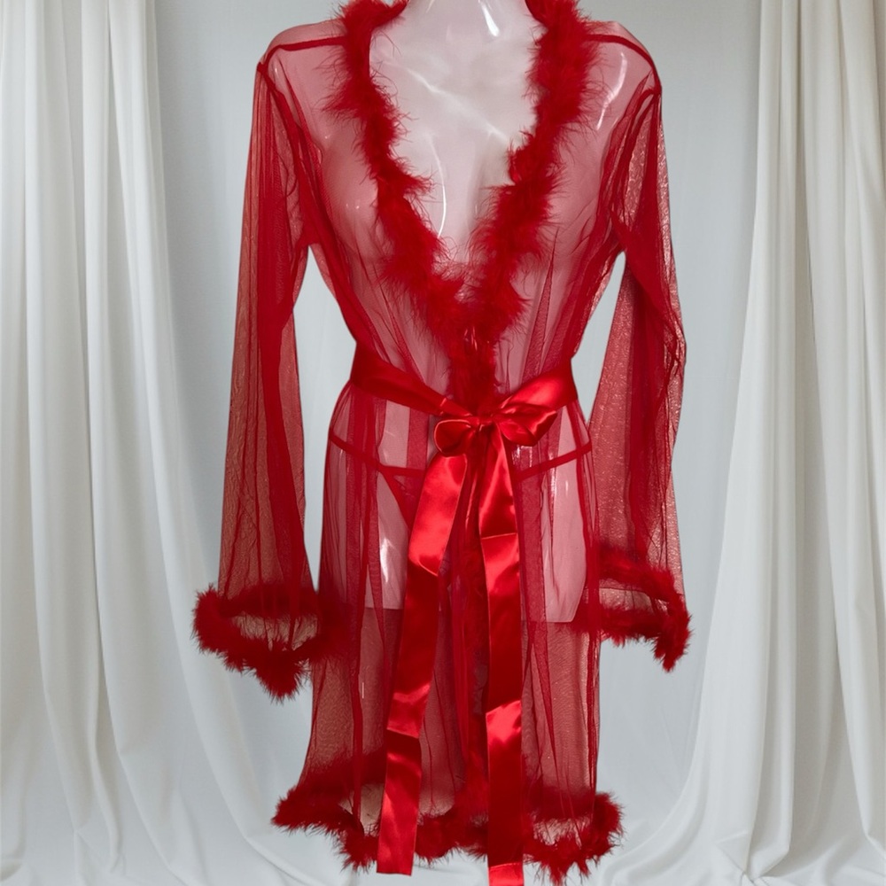 Red Sheer Feather Trim Robe Valentines Day Gift